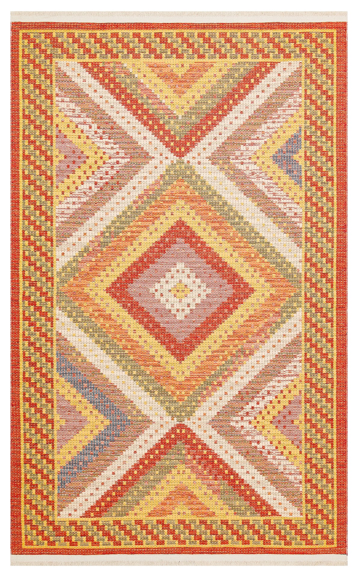 The Garnet Print - Washable Reversible Kilim (NMD10) features a central diamond, geometric patterns in red, yellow, green, blue, orange, and cream, plus a chevron border. Flatwoven for style and practicality—perfect for any room.