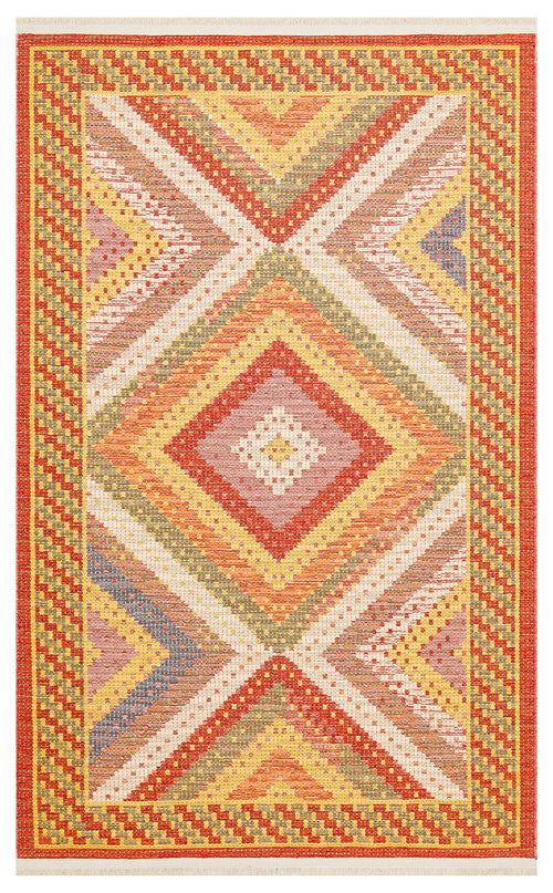 Load image 1 in gallery view. The Garnet Print - Washable Reversible Kilim (NMD10) features a central diamond, geometric patterns in red, yellow, green, blue, orange, and cream, plus a chevron border. Flatwoven for style and practicality—perfect for any room.