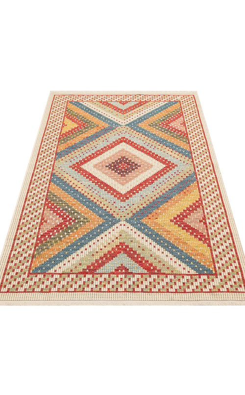 Load image 1 in gallery view. The Garnet Print - Washable Reversible Kilim - NMD10 is a rectangular flatwoven rug with a geometric diamond pattern in red, cream, blue, and yellow tones, featuring a detailed border and symmetrical intersecting lines.