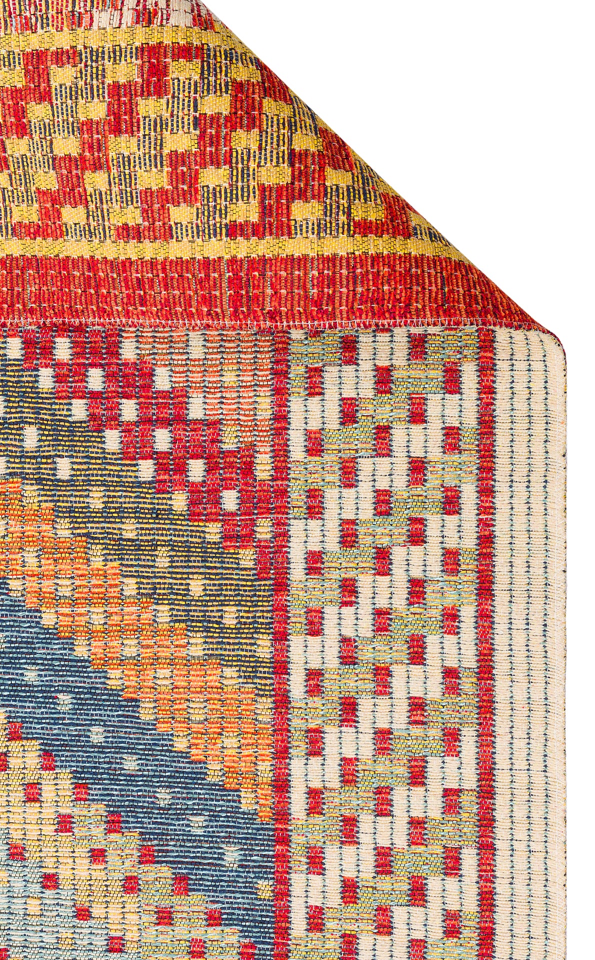 The Garnet Print - Washable Reversible Kilim - NMD10 features vibrant geometric patterns in red, yellow, blue, green, and white with diagonal, checkered, and grid-like designs. Shown with a folded corner to display its reversible underside.