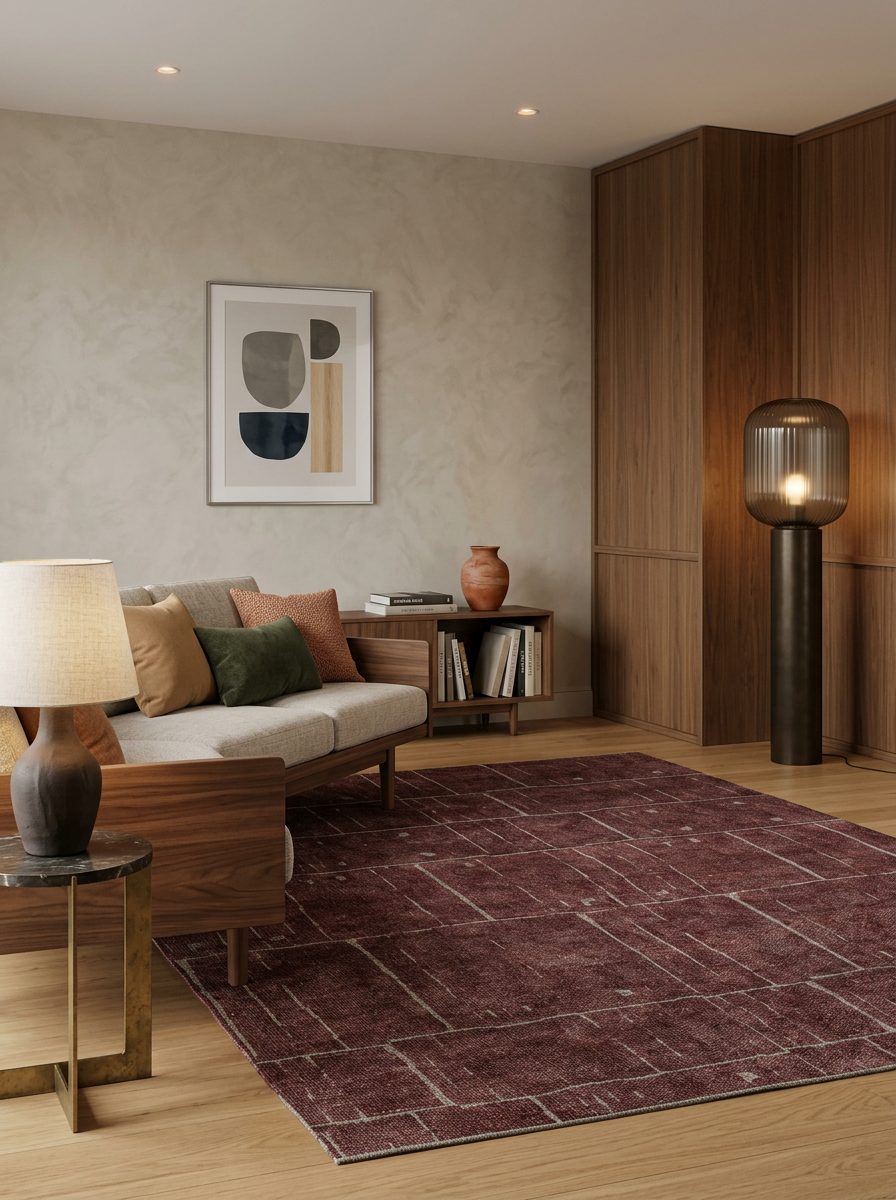 Deep red rug with a distressed grid pattern, styled in a modern living room with wood accents.