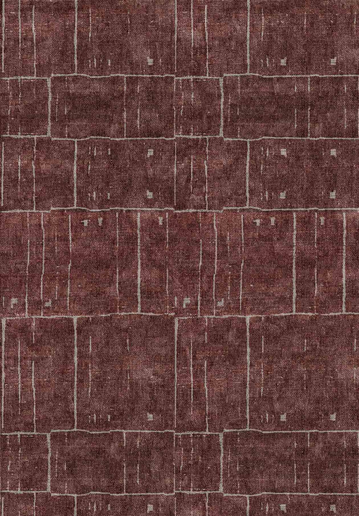 Deep burgundy rug with a grid-like pattern of thin, light grey lines forming rectangular blocks.