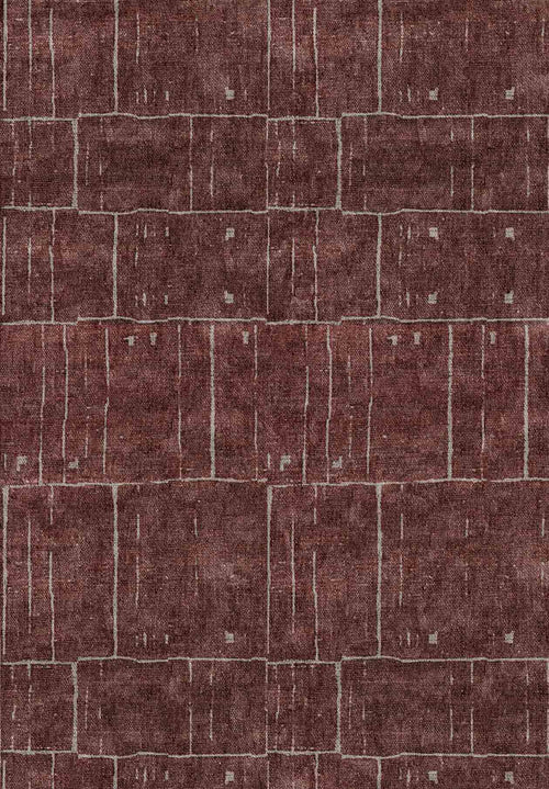 Bild 1 in Galerieansicht laden. Deep burgundy rug with a grid-like pattern of thin, light grey lines forming rectangular blocks.
