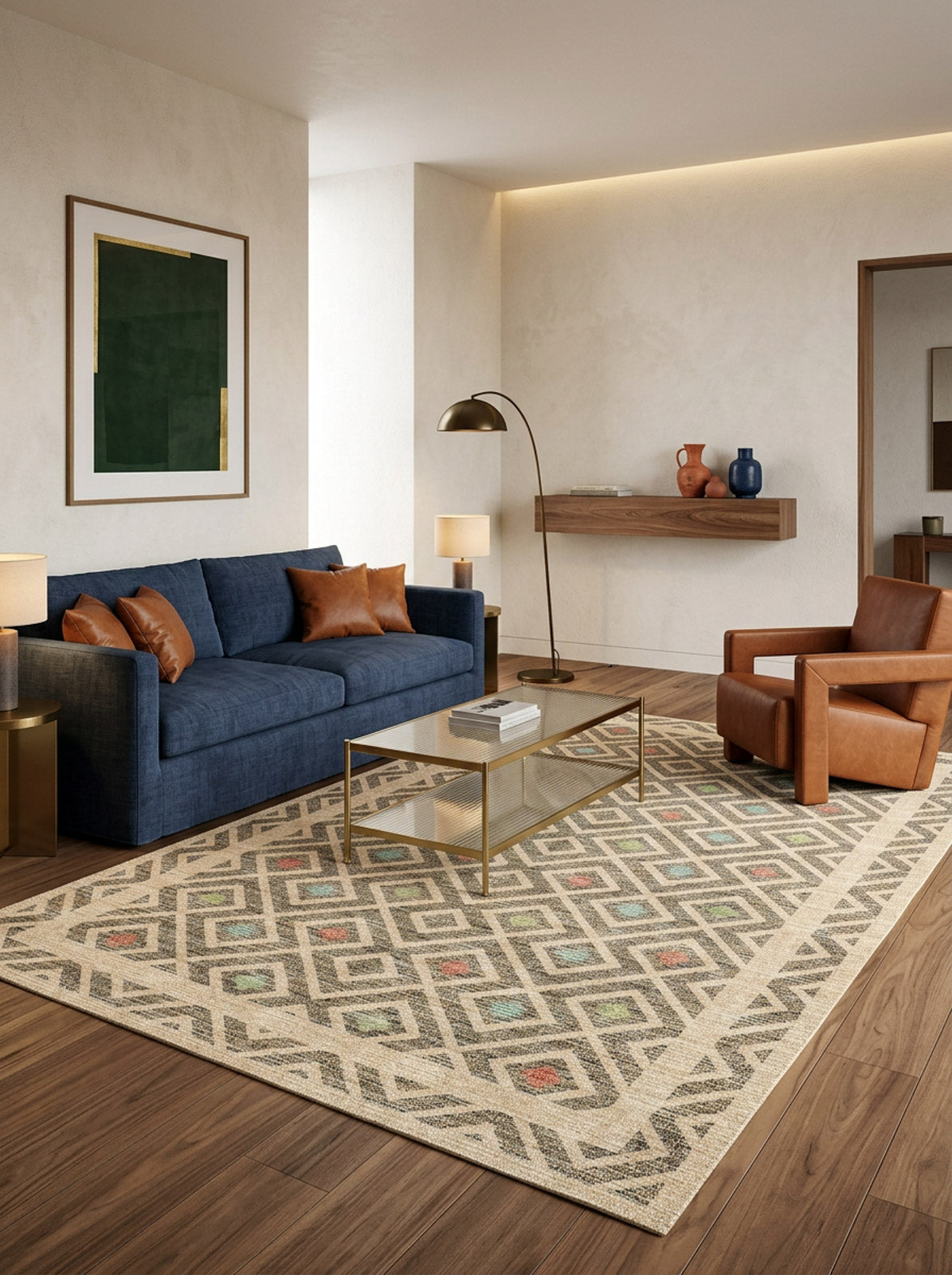Beige rug with a grey geometric diamond pattern and colorful accents, styled in a modern living room.