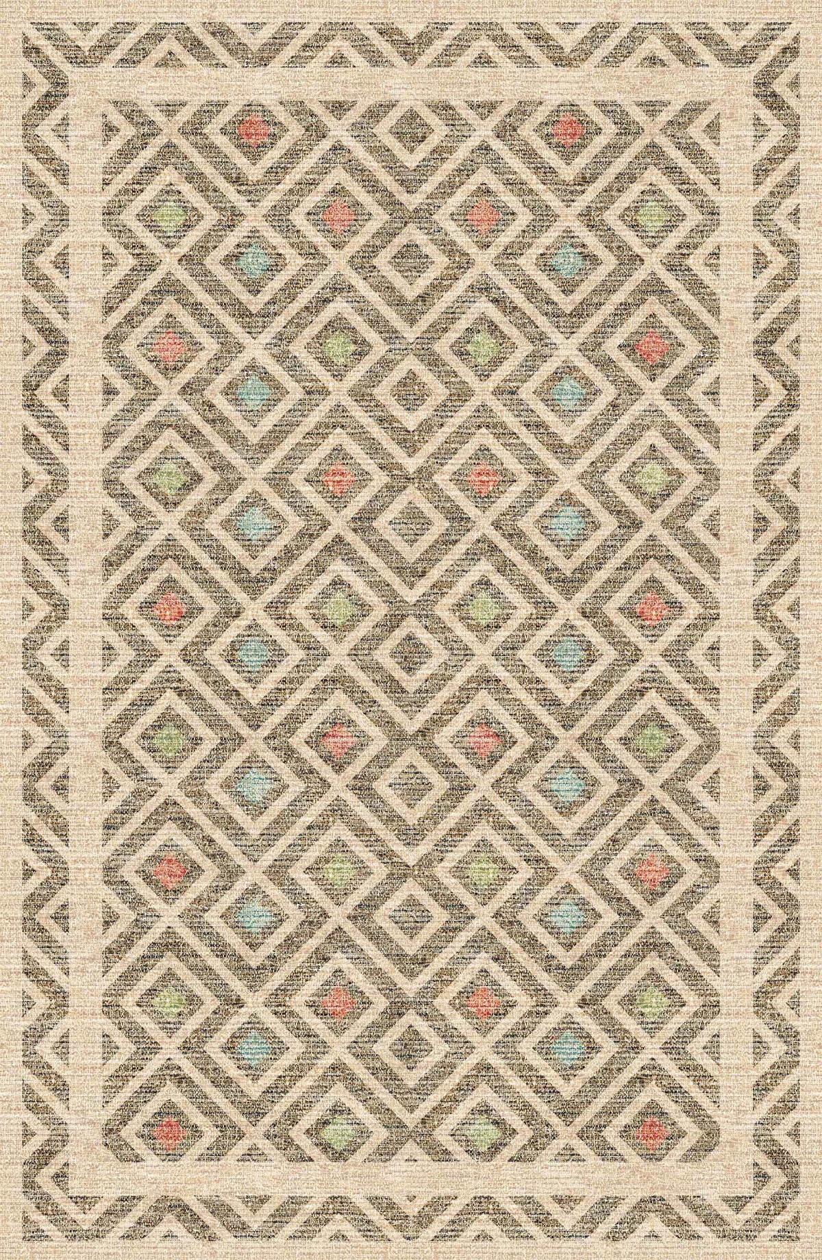 The Geo Sand - Washable Rug - JRN1027 (Custom Size) features a flat weave with geometric diamond patterns in beige, brown, and cream, highlighted by subtle blue, green, and orange accents—an allergy-friendly choice for any room.