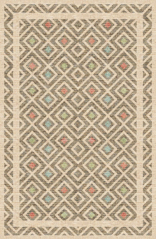 Load image 1 in gallery view. The Geo Sand - Washable Rug - JRN1027 (Custom Size) features a flat weave with geometric diamond patterns in beige, brown, and cream, highlighted by subtle blue, green, and orange accents—an allergy-friendly choice for any room.