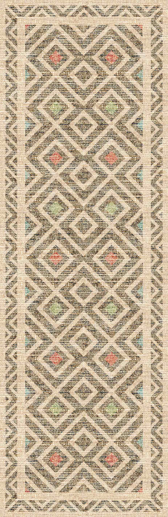 Geo Sand - Washable Rug - JRN1027 (Custom Size) features a geometric flat weave with diamond motifs in brown, tan, and beige, accented by subtle green, red, and blue on a textured, symmetrical design.