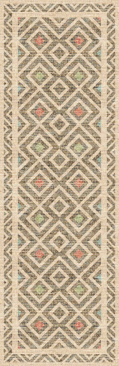 Load image 1 in gallery view. Geo Sand - Washable Rug - JRN1027 (Custom Size) features a geometric flat weave with diamond motifs in brown, tan, and beige, accented by subtle green, red, and blue on a textured, symmetrical design.