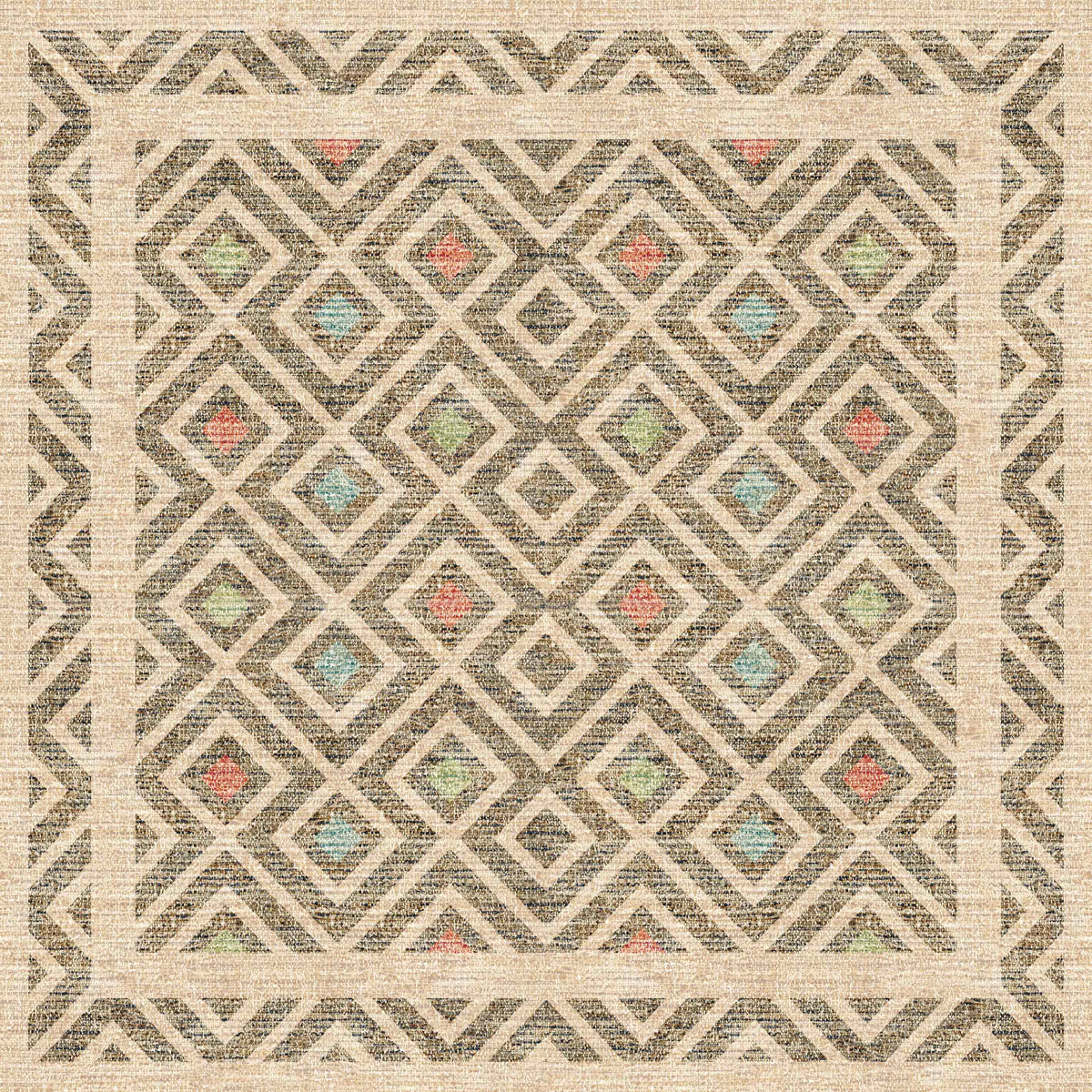 The Geo Sand - Washable Rug (JRN1027) features a square shape and overlapping diamond pattern in beige, brown, blue, green, and red. With a zigzag border, it’s perfect for high-traffic areas and easily washable for convenience.