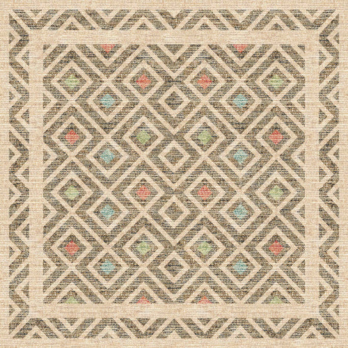 Load image 1 in gallery view. The Geo Sand - Washable Rug (JRN1027) features a square shape and overlapping diamond pattern in beige, brown, blue, green, and red. With a zigzag border, it’s perfect for high-traffic areas and easily washable for convenience.