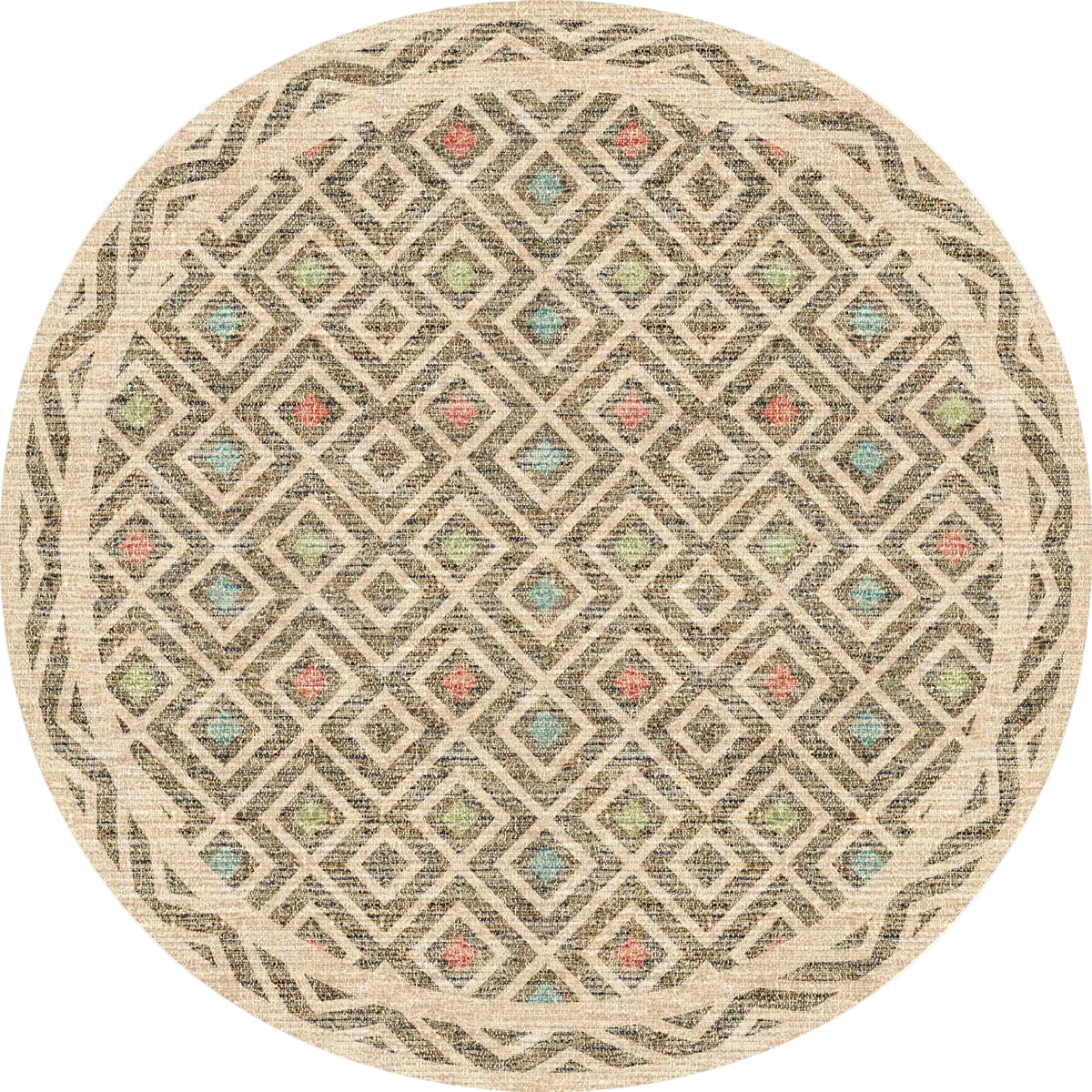 The Geo Sand - Washable Rug (JRN1027) features a geometric diamond design in beige, olive green, and brown with blue and coral accents. Its decorative border has interlocking curves—ideal for allergy-sensitive or high-traffic spaces.