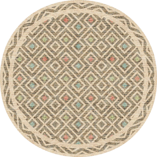 Load image 1 in gallery view. The Geo Sand - Washable Rug (JRN1027) features a geometric diamond design in beige, olive green, and brown with blue and coral accents. Its decorative border has interlocking curves—ideal for allergy-sensitive or high-traffic spaces.