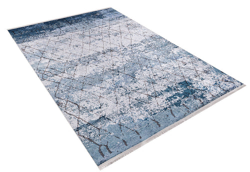 Load image 1 in gallery view. The Geometric Glimmers - Washable Rug - JR1423 (Custom Size) features a modern abstract design in blue, gray, and white with textured and linear patterns—perfect for high-traffic areas.
