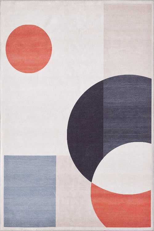 Load image 1 in gallery view. The Geometric Zen Modern Washable Rug - MDJ002 features an abstract geometric design with a red circle, navy and red semicircle, blue square, and overlapping shapes on a cream background—ideal for allergy-sensitive homes wanting style.