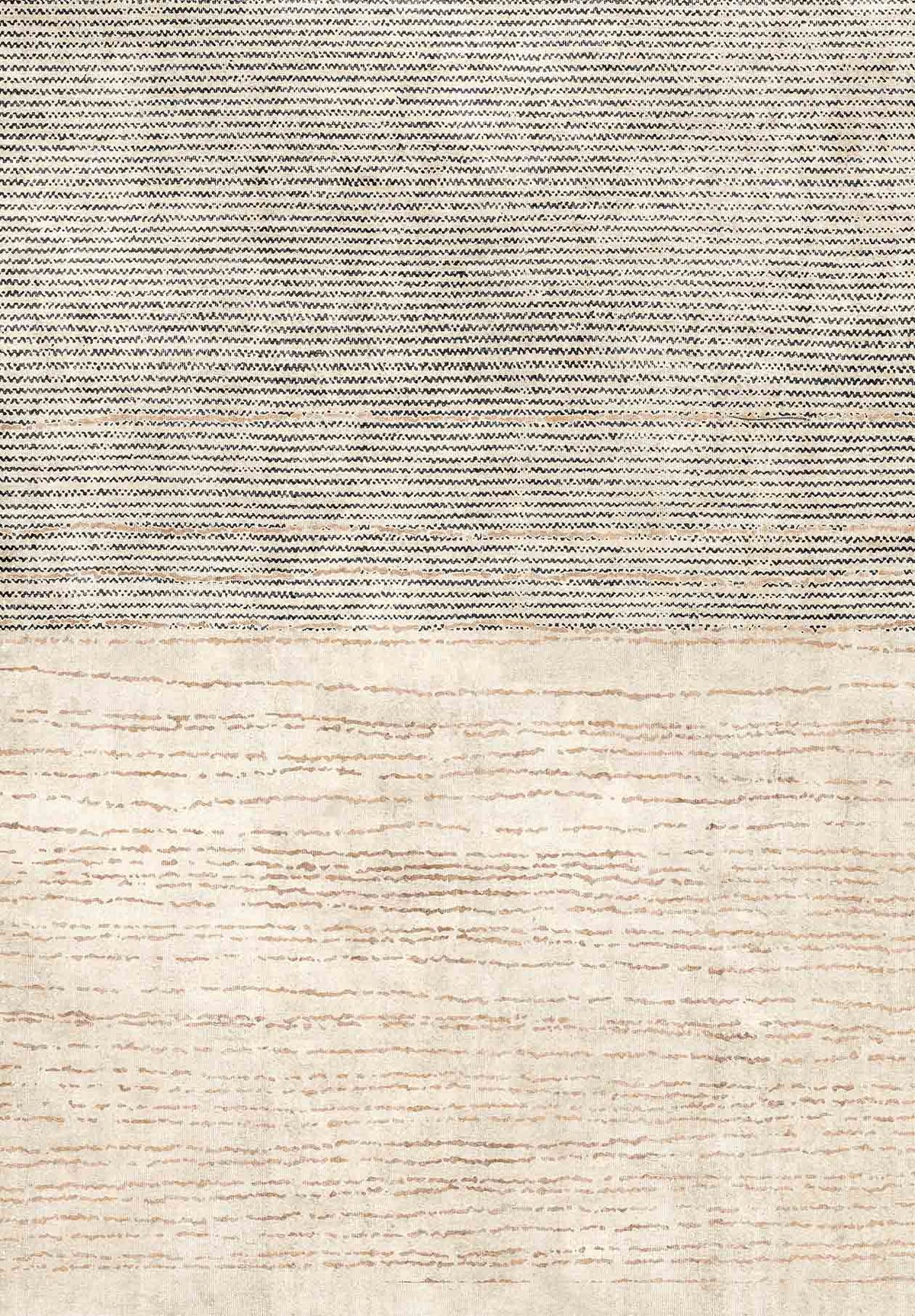 The Gilded Charm - Washable Rug - JRN26 features two sections: the top with close gray and white stripes, and the bottom in off-white accented by wavy beige lines, creating a stylish contemporary look.
