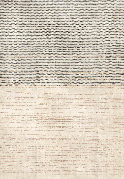 Load image 1 in gallery view. The Gilded Charm - Washable Rug - JRN26 features two sections: the top with close gray and white stripes, and the bottom in off-white accented by wavy beige lines, creating a stylish contemporary look.