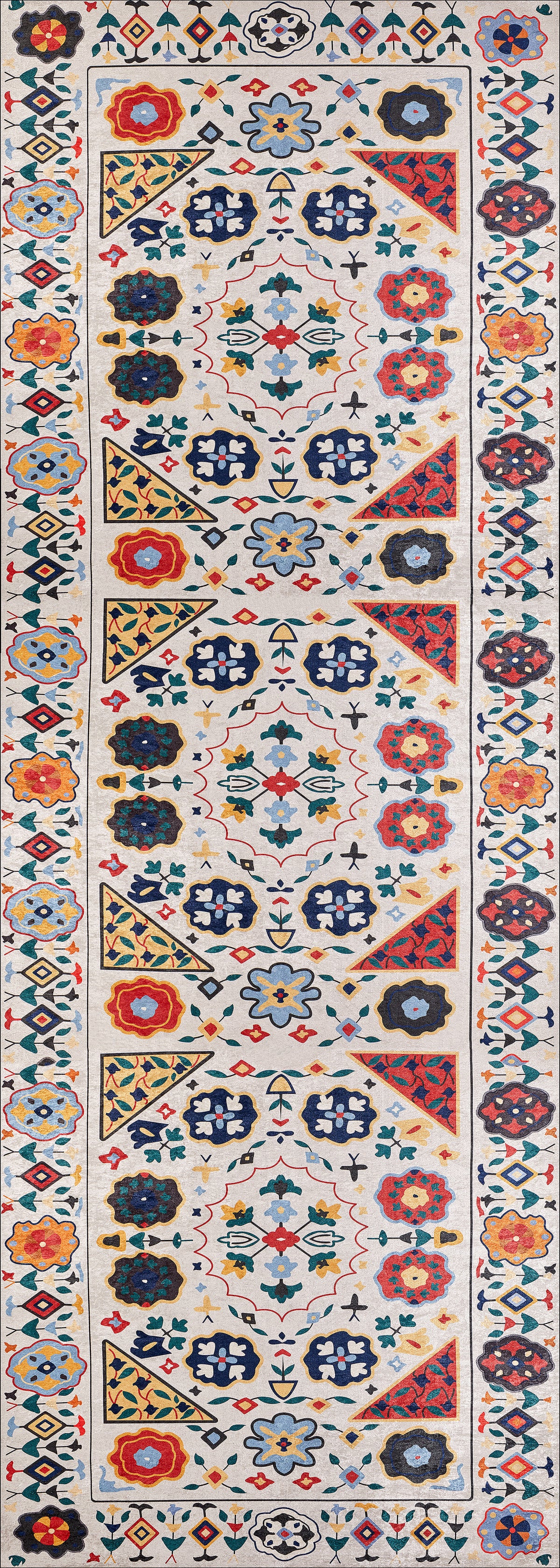 The Global Gathering - Washable Rug - JR608 is a rectangular multicolor rug with intricate floral and geometric patterns in red, blue, yellow, orange, and green on beige. Durable and easy to clean—perfect for high-traffic areas.