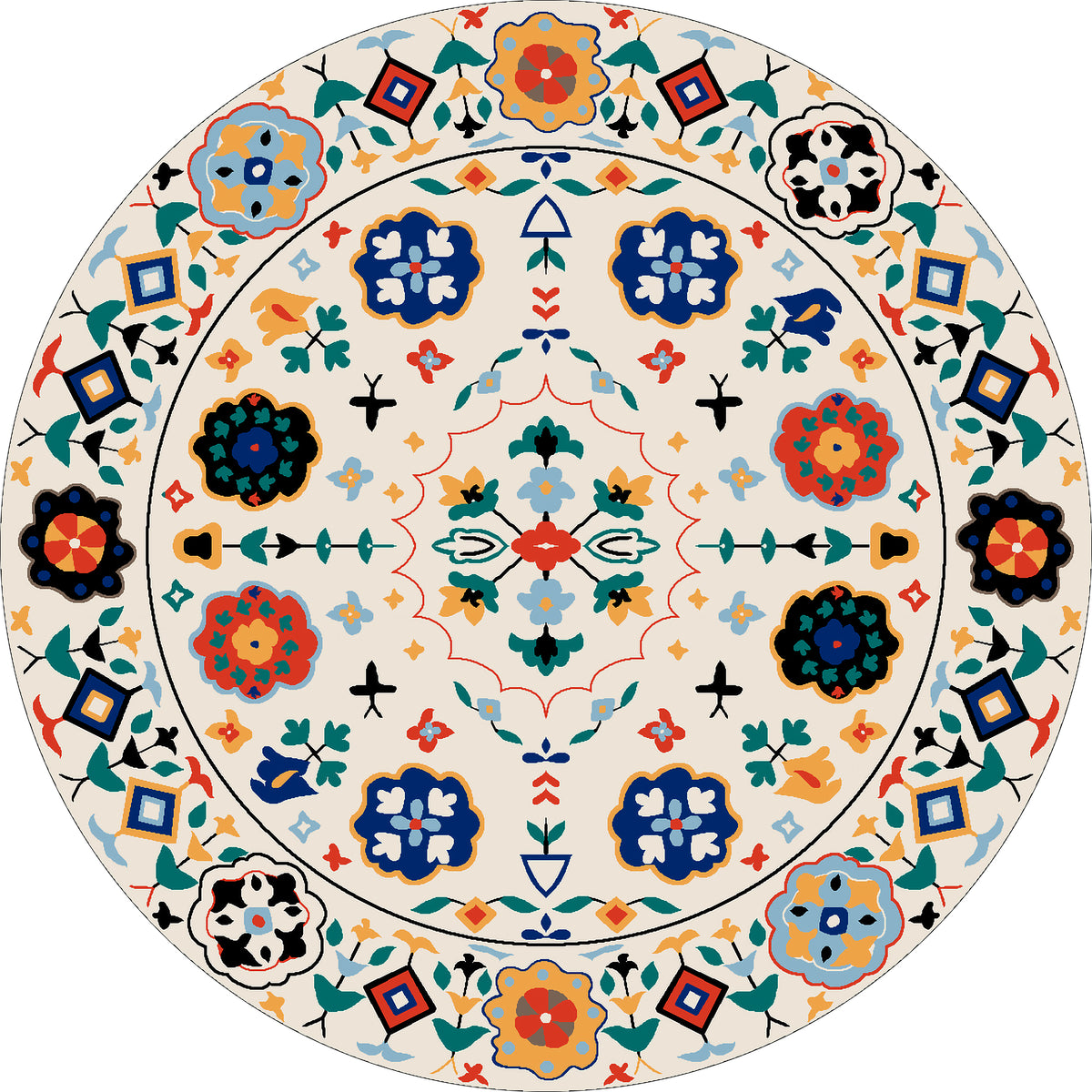 The Global Gathering - Washable Rug - JR608 features a circular, multicolored geometric and floral pattern with blue, red, orange, green, and yellow motifs on a light background—perfect for high-traffic areas.