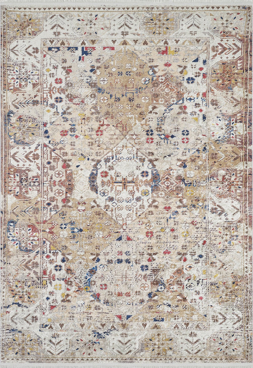 Load image 1 in gallery view. The Global Getaway - Washable Rug - JR1667 (Custom Size) features a cream and beige flat weave with a vintage-inspired faded design, showcasing geometric shapes, floral motifs, and touches of red, blue, and yellow for added charm.