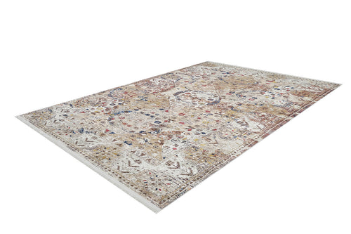 Load image 1 in gallery view. The Global Getaway - Washable Rug - JR1667 (Custom Size) is a rectangular flat weave rug with a distressed cream and beige pattern, accented by red, blue, and yellow. It has a low profile and fringed edges on the shorter sides.