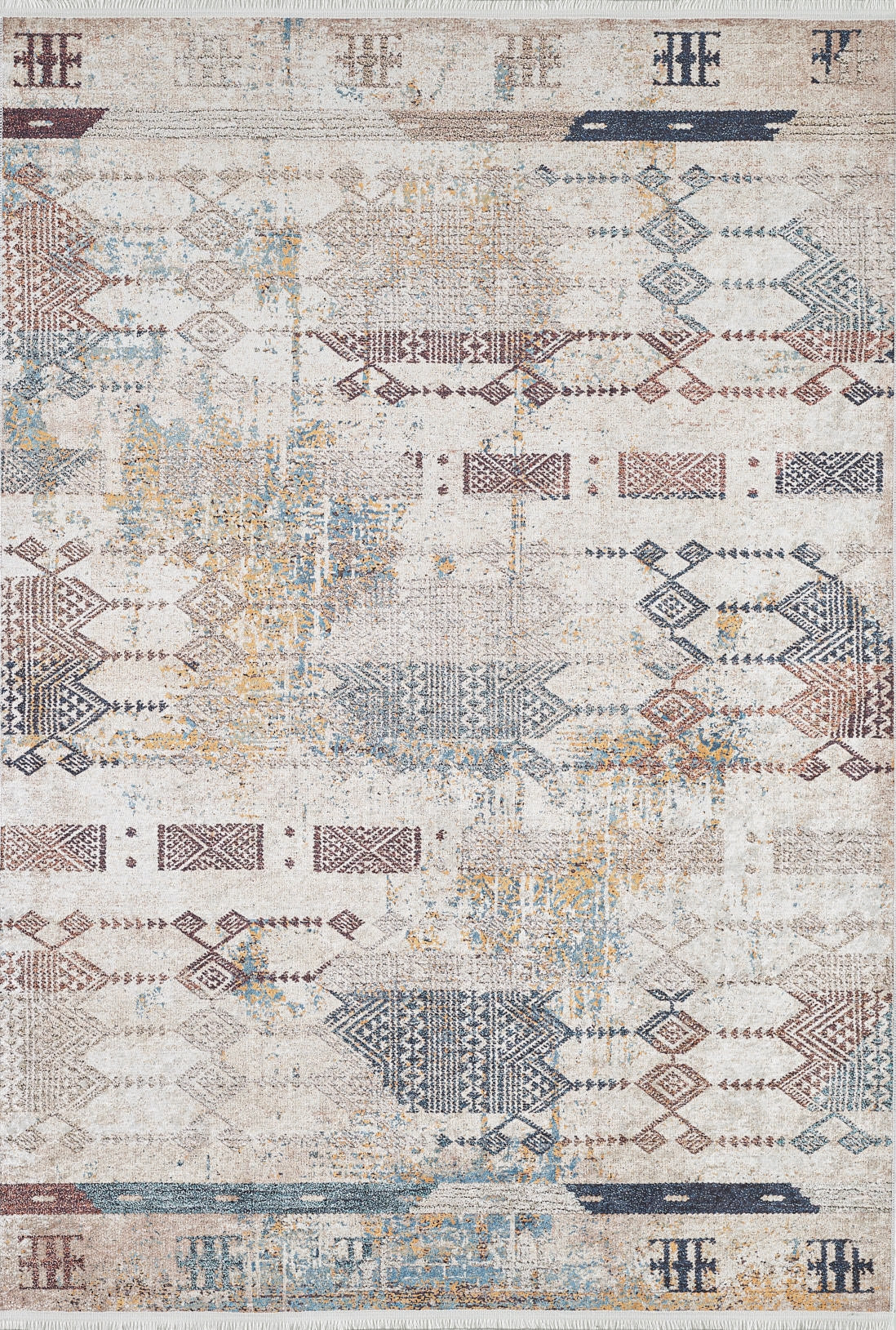 The Global Glamour - Washable Rug - JR1708 (Custom Size) features a rectangular, distressed cream design with blue, brown, gold, and red geometric and tribal patterns—ideal for high-traffic areas.