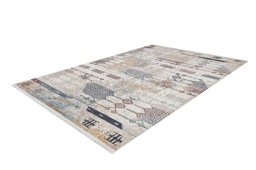 Load image 1 in gallery view. The Global Glamour - Washable Rug - JR1708 (Custom Size) features geometric patterns in muted blues, beige, brown, and cream—durable design for high-traffic areas and stylish enough to enhance any space.