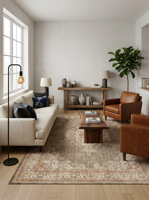 Bild 1 in Galerieansicht laden. Brown and beige traditional medallion rug with a distressed border, styled in a modern living room.