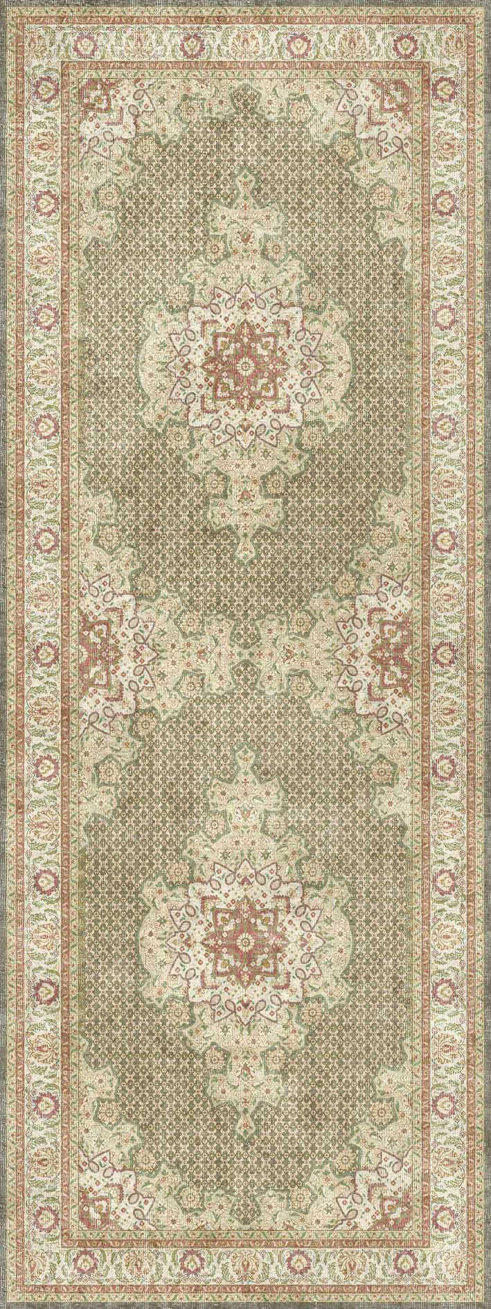 Taupe and terracotta runner rug with a traditional Persian-style medallion pattern and a decorative border.