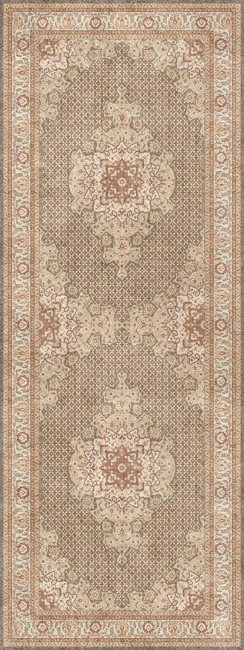 Bild 1 in Galerieansicht laden. Taupe and terracotta runner rug with a traditional Persian-style medallion pattern and a decorative border.