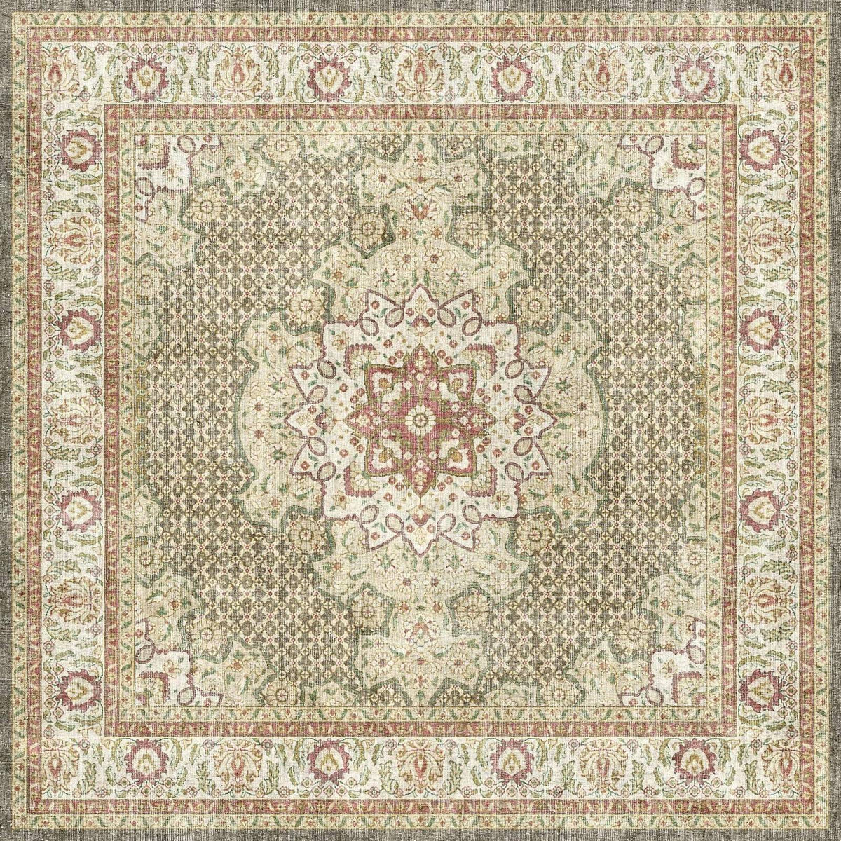 Beige, olive, and muted red traditional rug with a central floral medallion and an intricate decorative border.