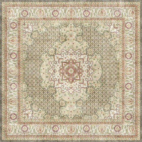 Bild 1 in Galerieansicht laden. Beige, olive, and muted red traditional rug with a central floral medallion and an intricate decorative border.