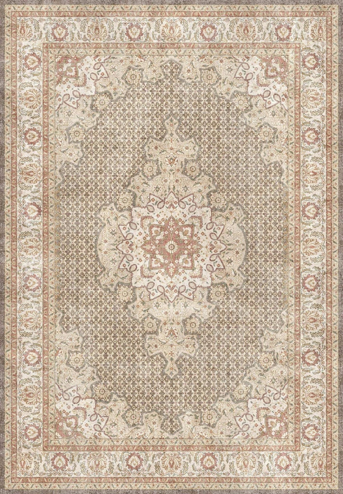 Beige and terracotta traditional rug with a central floral medallion and ornate border pattern.