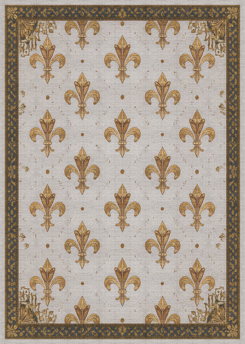Load image 1 in gallery view. The Golden Crest - Washable Rug - JRS015 (Custom Size) features a gold fleur-de-lis pattern on a light background with black and gold borders. This durable rug is washable and ideal for high-traffic, allergy-sensitive homes.