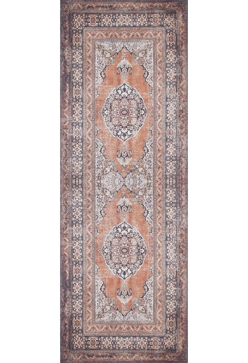 The Golden Legacy - Washable Rug - JR1931 is a rectangular Persian-style rug with a central medallion, ornate floral and geometric patterns in peach, cream, gray, and blue. Durable for high-traffic areas and easy to clean.