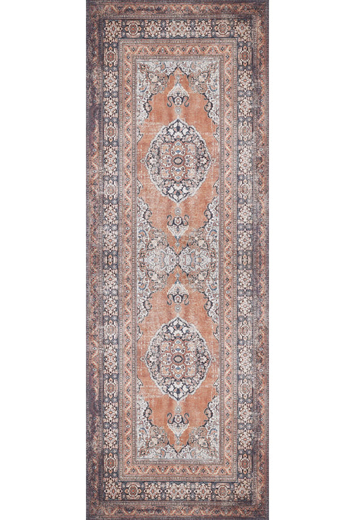 Load image 1 in gallery view. The Golden Legacy - Washable Rug - JR1931 is a rectangular Persian-style rug with a central medallion, ornate floral and geometric patterns in peach, cream, gray, and blue. Durable for high-traffic areas and easy to clean.