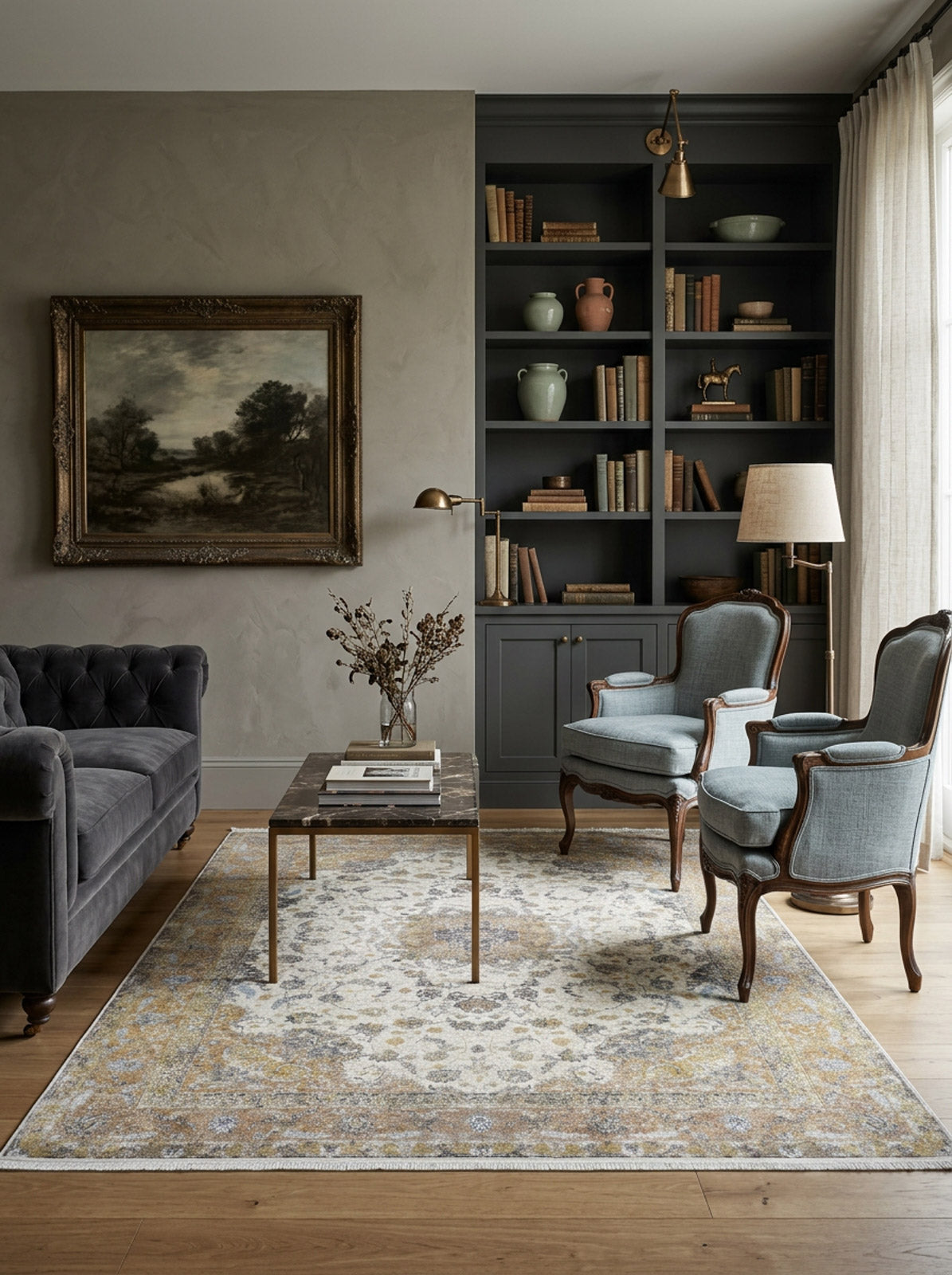 Elegant living room with a gray sofa, two blue armchairs, the Golden Oasis - Washable Rug - JR1930 ideal for high-traffic areas, a marble coffee table, built-in bookshelves with books and vases, a landscape painting, and soft natural light from a window.