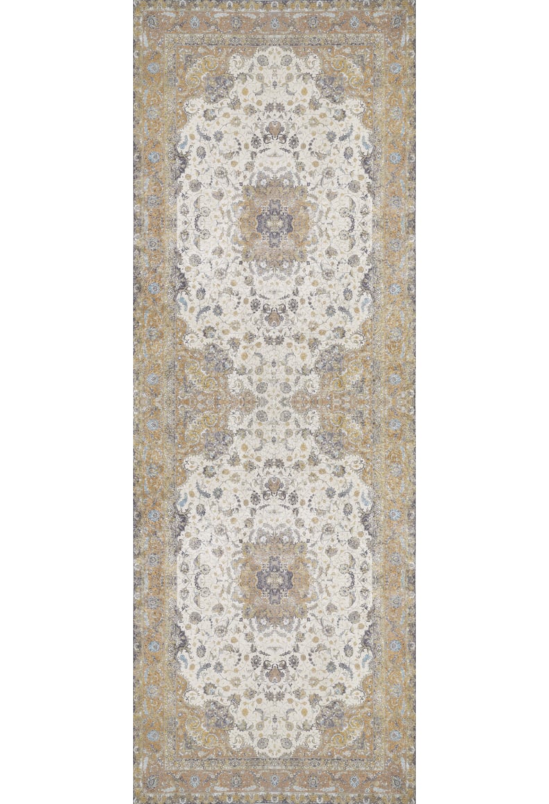 The Golden Oasis - Washable Rug - JR1930 features two large central medallions with intricate, symmetrical floral patterns in beige, cream, gray, and gold, plus ornate borders—perfect for high-traffic spaces.