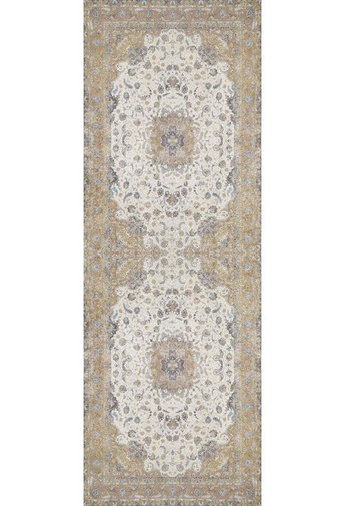 Load image 1 in gallery view. The Golden Oasis - Washable Rug - JR1930 features two large central medallions with intricate, symmetrical floral patterns in beige, cream, gray, and gold, plus ornate borders—perfect for high-traffic spaces.