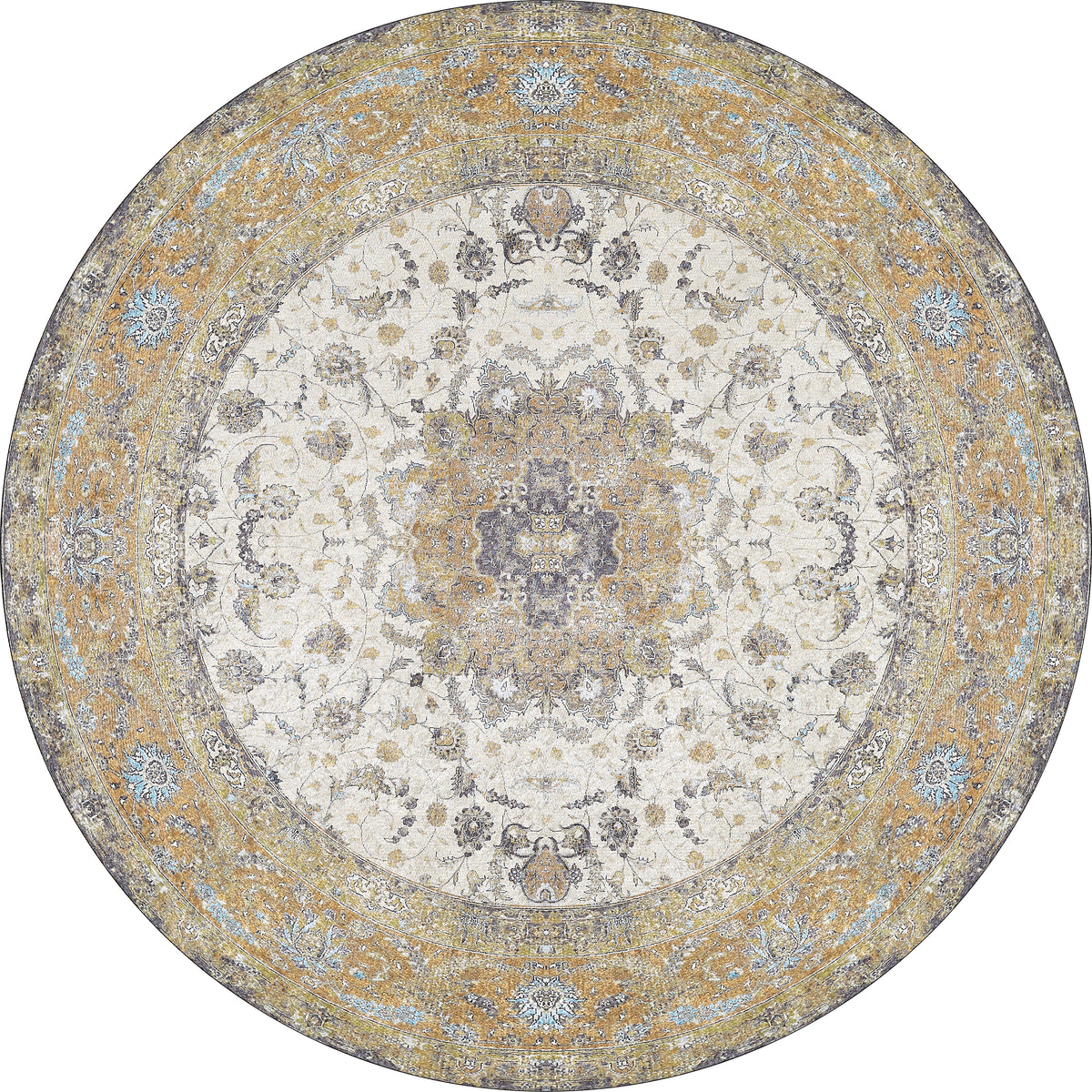 The Golden Oasis - Washable Rug - JR1930 features a gold, gray, and ivory medallion floral pattern with an ornate border. Its round, easy-care design is perfect for allergy-sensitive homes and high-traffic areas.
