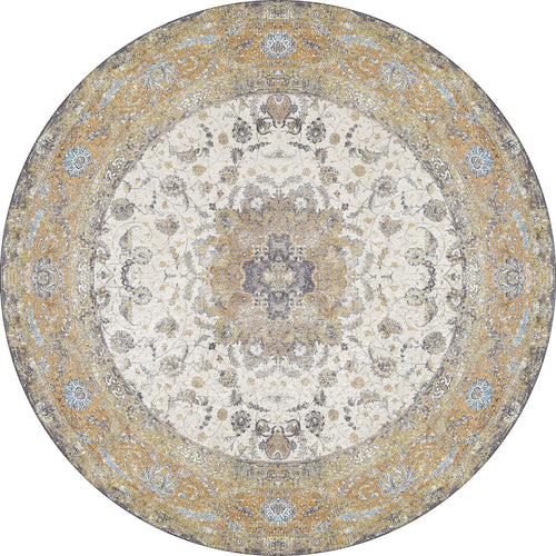 Load image 1 in gallery view. The Golden Oasis - Washable Rug - JR1930 features a gold, gray, and ivory medallion floral pattern with an ornate border. Its round, easy-care design is perfect for allergy-sensitive homes and high-traffic areas.