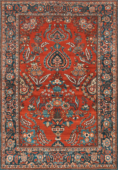 Load image 1 in gallery view. The Golden Scrolls - Washable Rug - JRN1005 (Custom Size) features a red background with intricate blue, teal, cream, and gold floral and vine motifs, plus a detailed border of repeating flower and leaf designs.