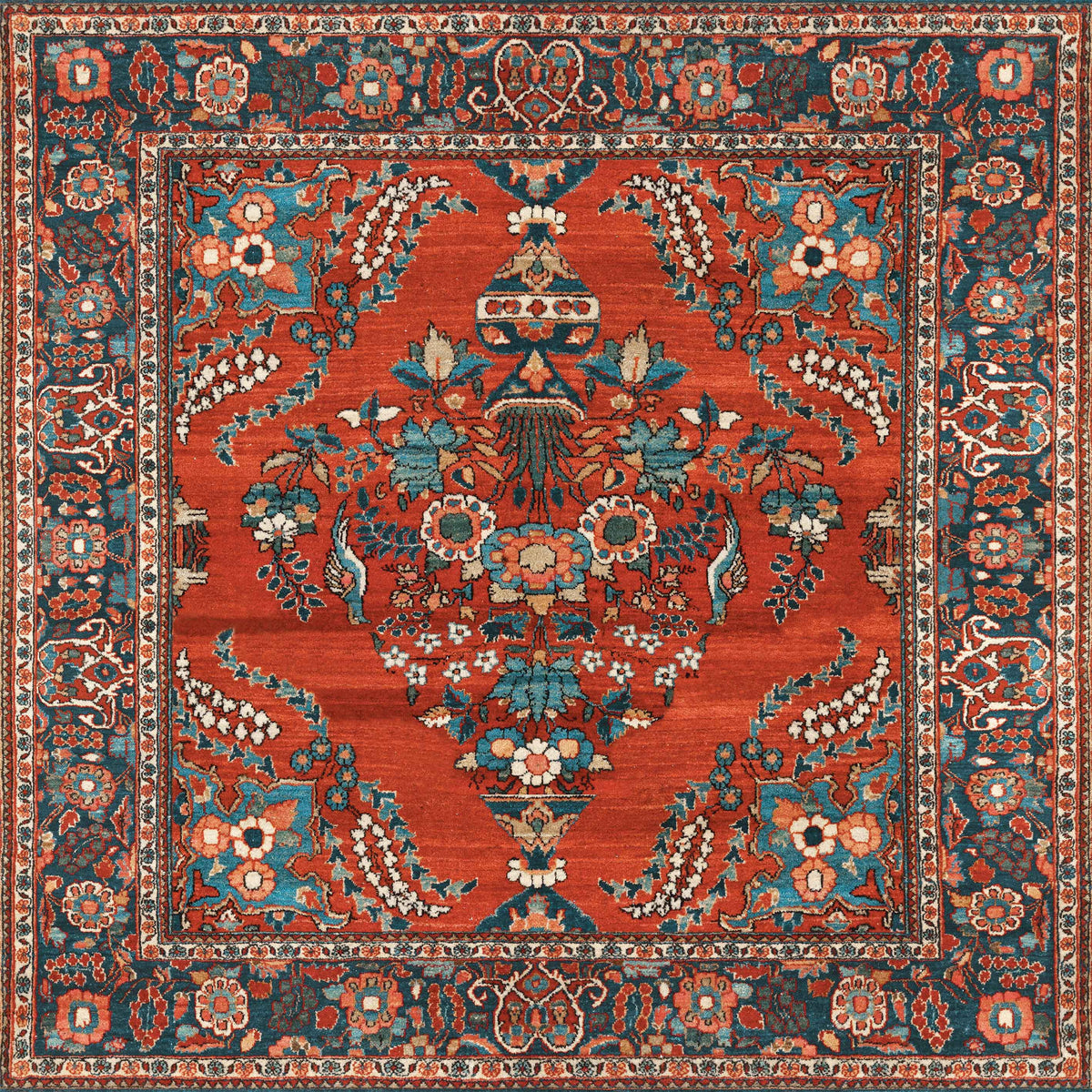 The Golden Scrolls - Washable Rug - JRN1005 (Custom Size) showcases a square design with a central floral urn motif in red, blue, and beige, enhanced by intricate vine patterns and a decorative border with teal and cream accents.