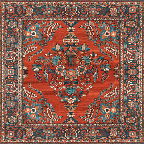 Load image 1 in gallery view. The Golden Scrolls - Washable Rug - JRN1005 (Custom Size) showcases a square design with a central floral urn motif in red, blue, and beige, enhanced by intricate vine patterns and a decorative border with teal and cream accents.