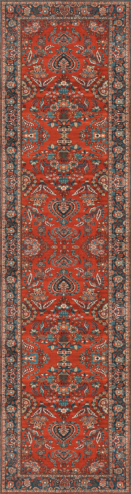 Load image 1 in gallery view. The Golden Scrolls - Washable Rug - JRN1005 (Custom Size) features a rectangular, traditional Oriental design with a vivid red background, ornate blue, beige, and black floral and vine motifs, and a dark decorative border.