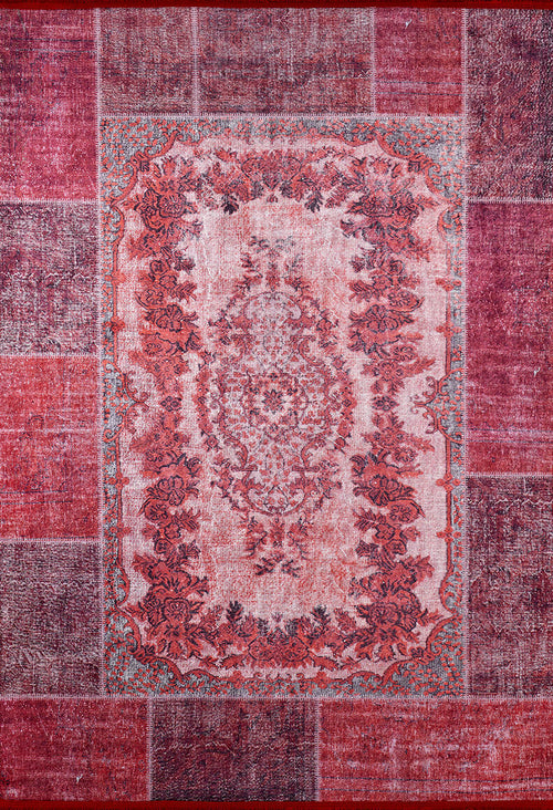 Load image 1 in gallery view. The Golden Wonder - Washable Rug - JR306 (Custom Size) is a rectangular, vintage-style red rug with a red and purple patchwork border and intricate floral patterns—ideal for high-traffic areas.