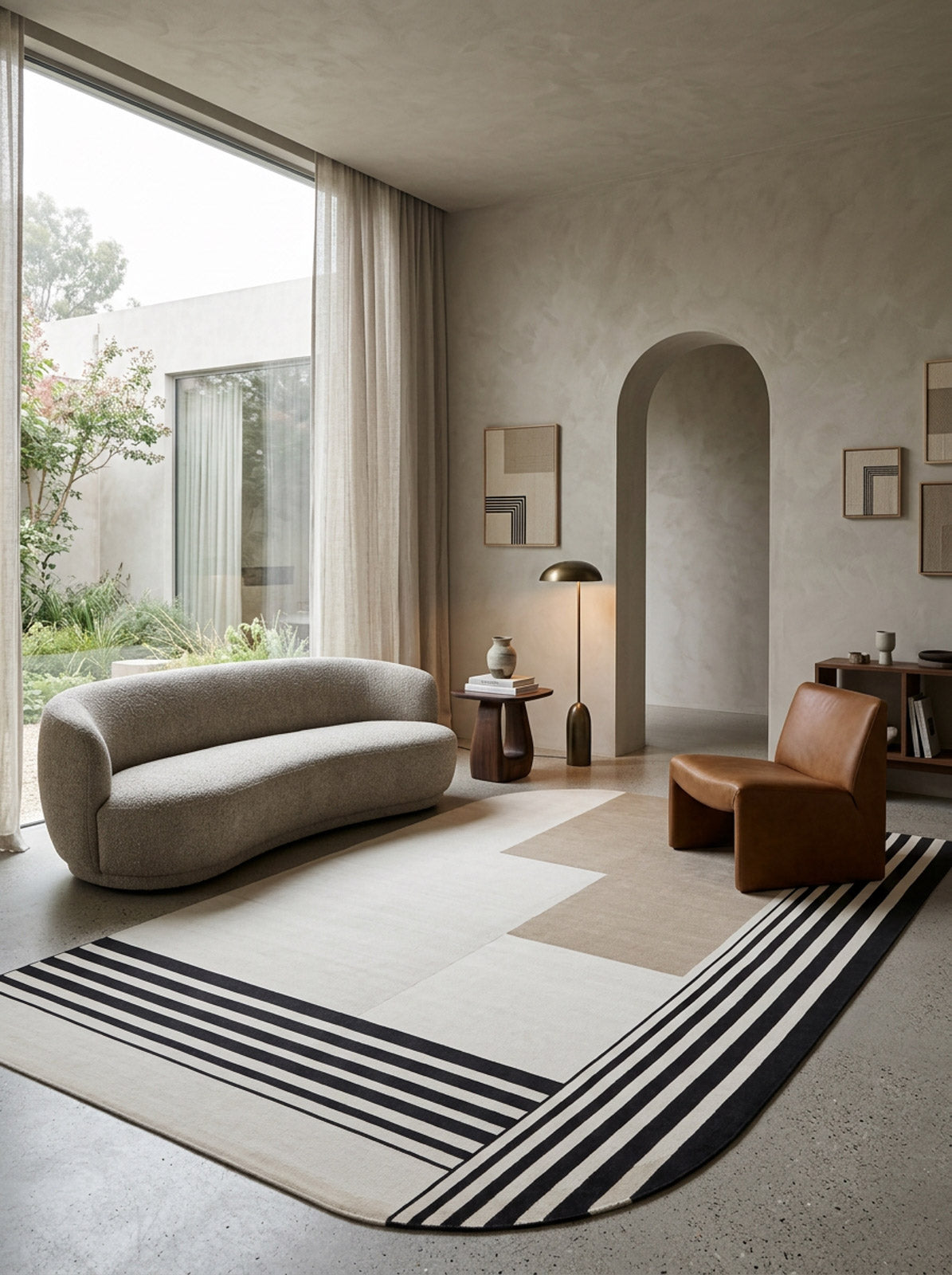 Cream, beige, and black geometric rug with striped borders, styled in a modern living room.