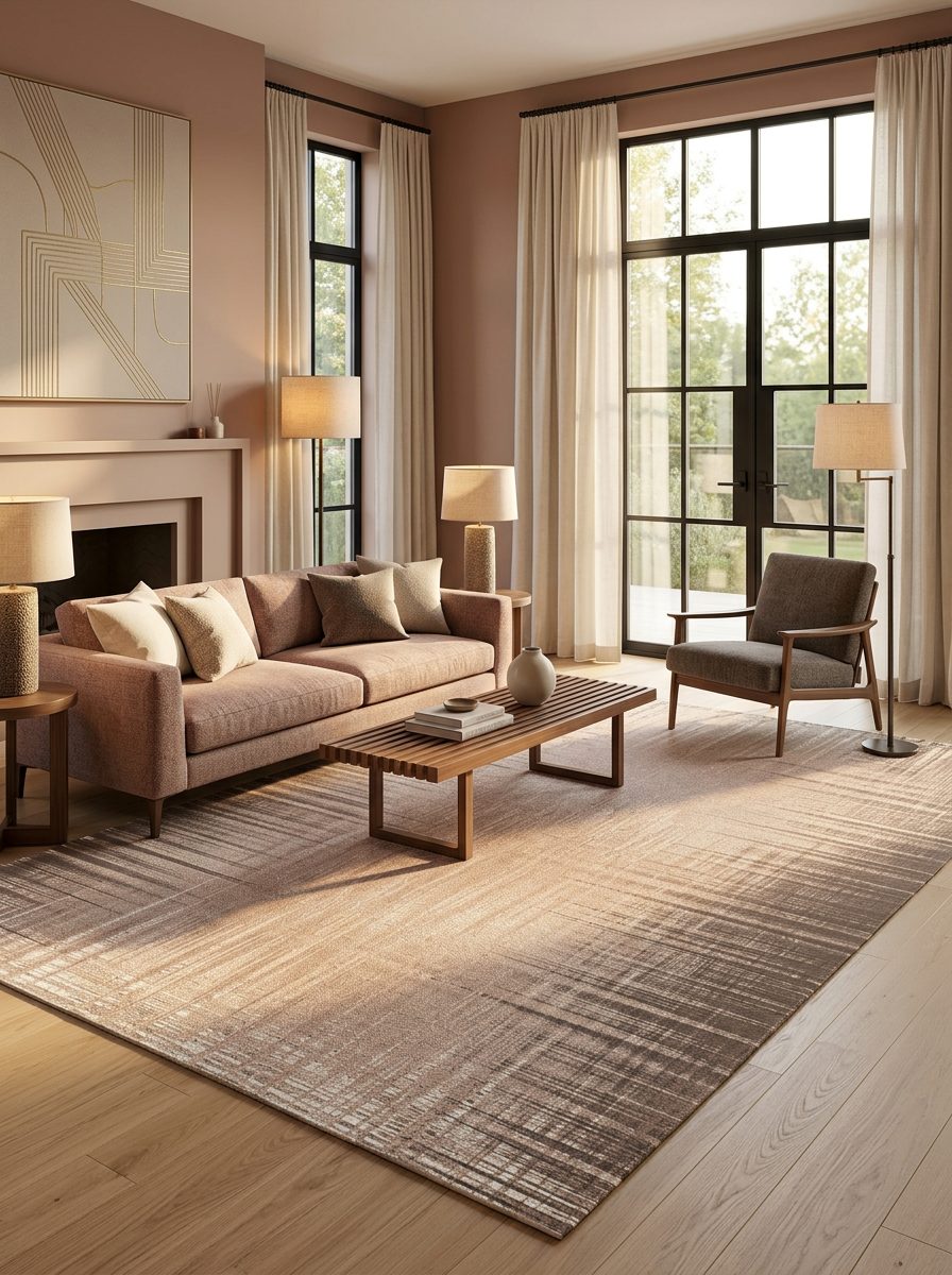 Taupe and brown rug with a linear, distressed texture, styled in a modern living room.