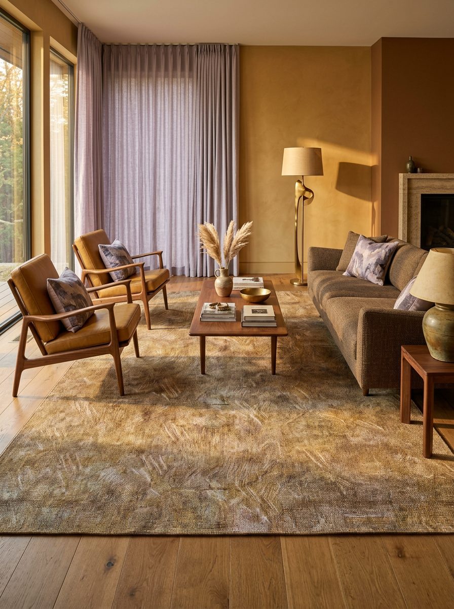 Gold and brown abstract textured rug in a modern living room with leather armchairs and a sofa.