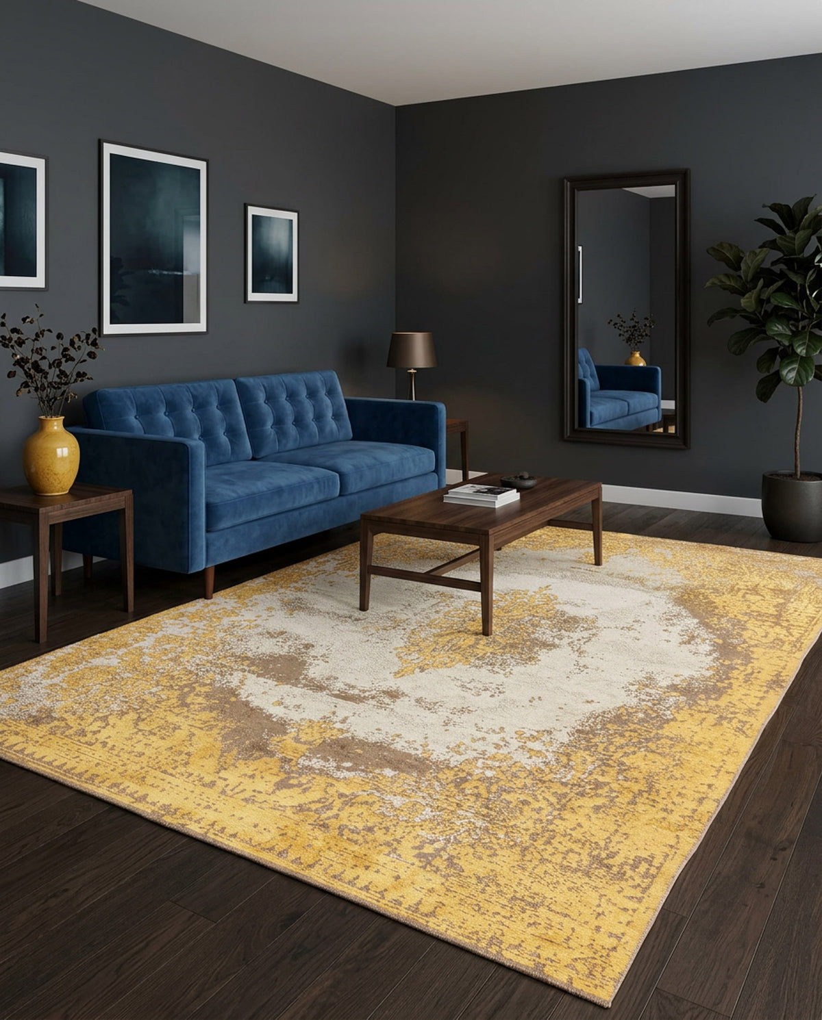 A modern living room with a dark blue sofa, wooden coffee table, the Golden Fade Area Rug APX1922 in yellow and beige, wall art, tall mirror, potted plant, and dark walls and flooring.