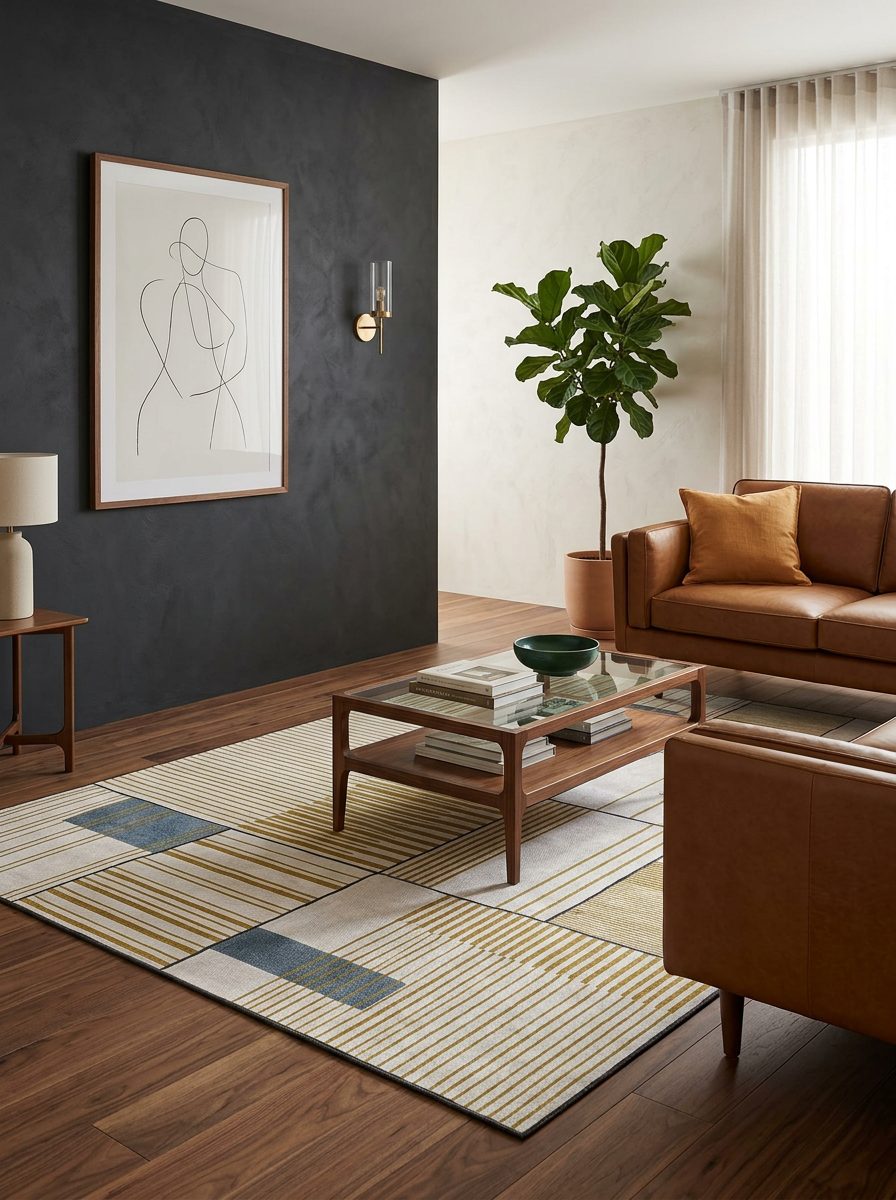 Cream rug with a geometric grid of gold and blue stripes, styled in a modern living room with leather furniture.